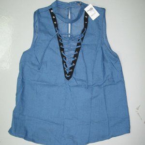 Charlotte Russe Lace Up Sleeveless Top Size Small S NWT Blue Black Trim V Neck